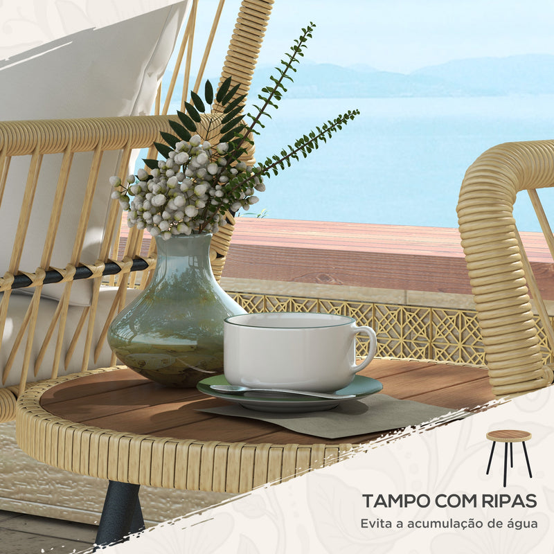 Conjunto de Mesa e Poltronas para Jardim Exterior Jogo de 3 Peças de Vime com 2 Poltronas 1 Mesa de Centro Redonda e Almofadas para Terraço Varanda Natural