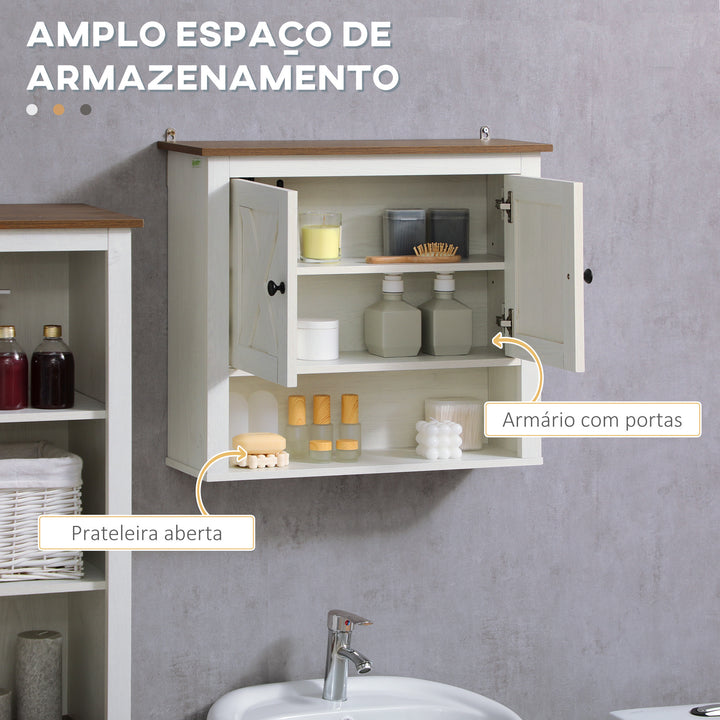 Armário Casa de Banho de Parede Móvel Casa de Banho de Parede com 2 Portas e Prateleiras de Armazenamento para Cozinha Entrada Corredor 60x19,5x52,5 cm Branco e Madeira