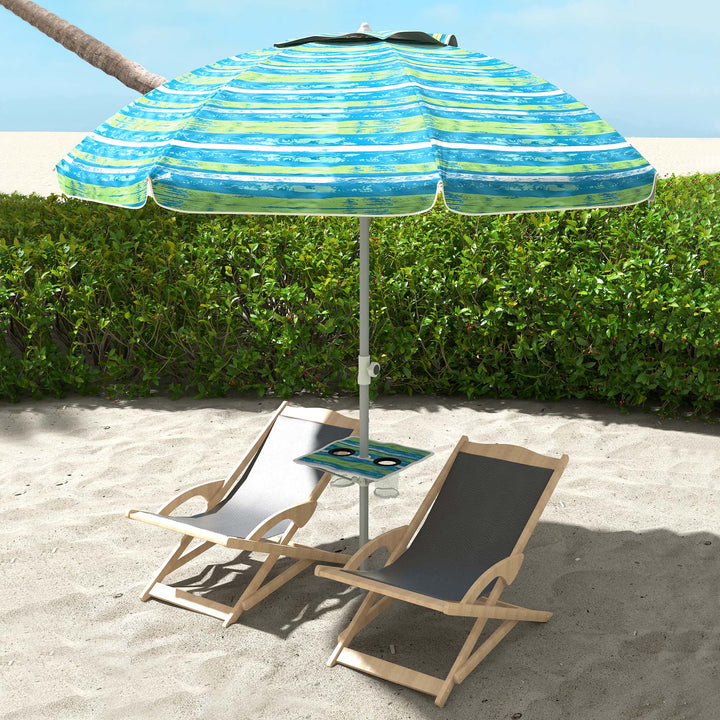 Chapéu de Sol de Praia Ø190x215 cm Chapéu de Sol para Terraço com Inclinação de 45° e Altura Ajustável Mesa com Porta-Copos Anti-UV Impermeável e Bolsa de Transporte para Jardim Multicolor