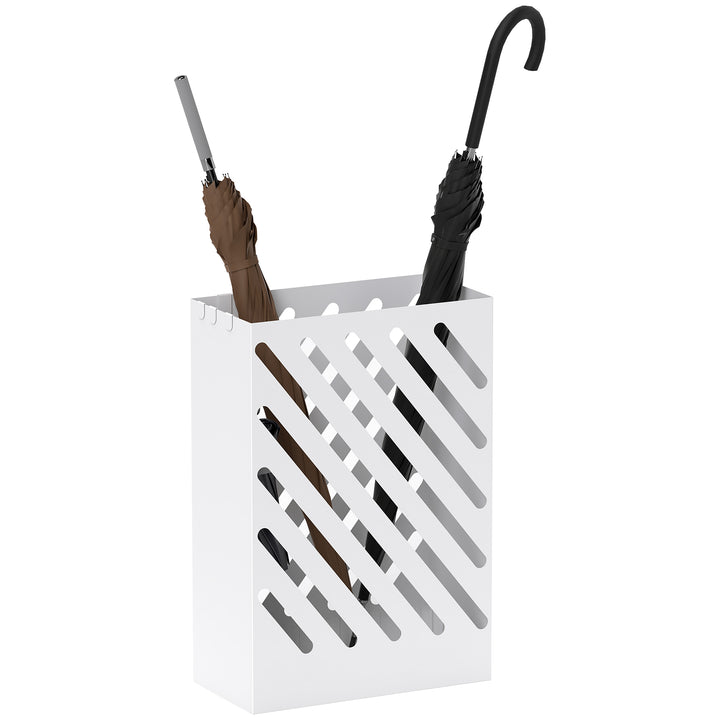 Suporte para Guarda-Chuvas de Aço Galvanizado com Bandeja de Gotejamento Removível 4 Ganchos Design de Elegante para Entrada Corredor Escritório 28x14x41 cm Branco