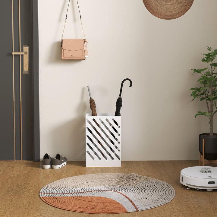 Suporte para Guarda-Chuvas de Aço Galvanizado com Bandeja de Gotejamento Removível 4 Ganchos Design de Elegante para Entrada Corredor Escritório 28x14x41 cm Branco