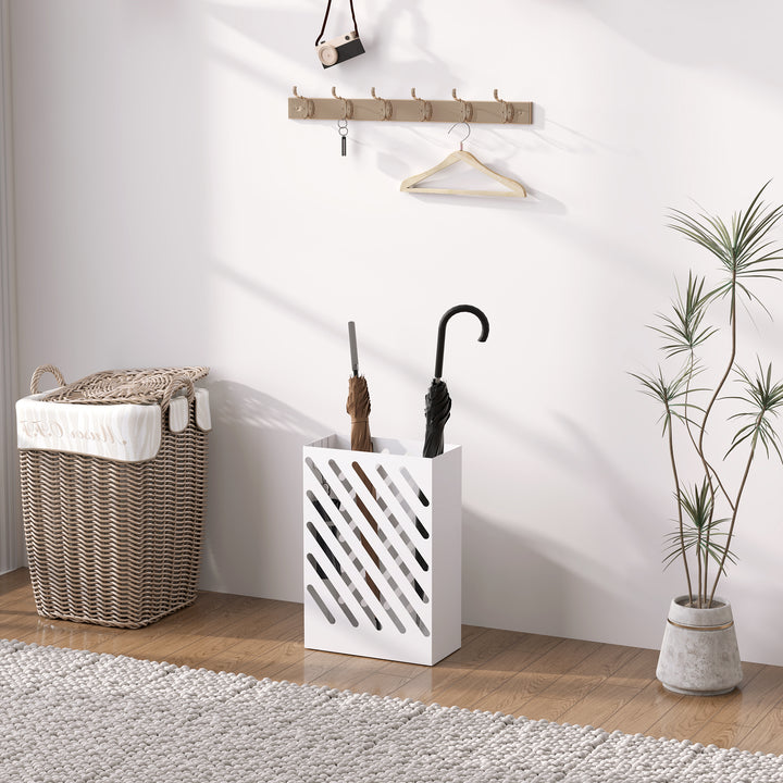 Suporte para Guarda-Chuvas de Aço Galvanizado com Bandeja de Gotejamento Removível 4 Ganchos Design de Elegante para Entrada Corredor Escritório 28x14x41 cm Branco