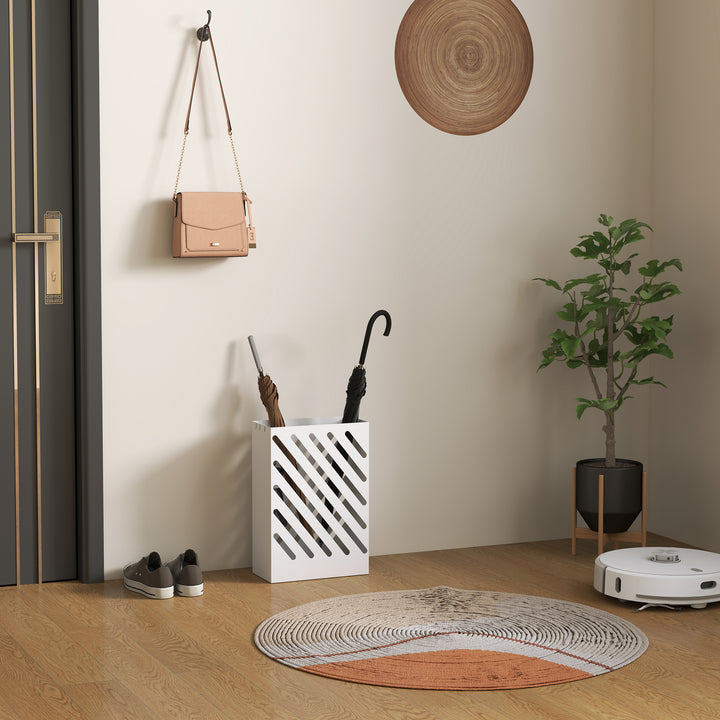 Suporte para Guarda-Chuvas de Aço Galvanizado com Bandeja de Gotejamento Removível 4 Ganchos Design de Elegante para Entrada Corredor Escritório 28x14x41 cm Branco