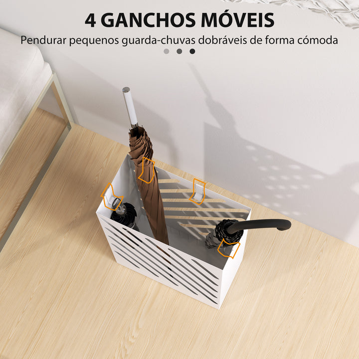 Suporte para Guarda-Chuvas de Aço Galvanizado com Bandeja de Gotejamento Removível 4 Ganchos Design de Elegante para Entrada Corredor Escritório 28x14x41 cm Branco