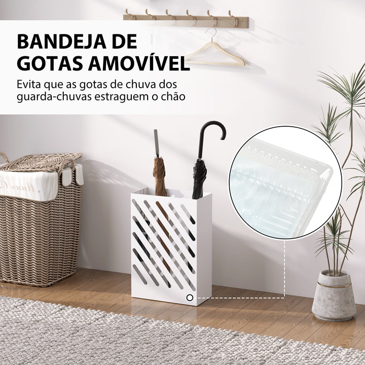 Suporte para Guarda-Chuvas de Aço Galvanizado com Bandeja de Gotejamento Removível 4 Ganchos Design de Elegante para Entrada Corredor Escritório 28x14x41 cm Branco