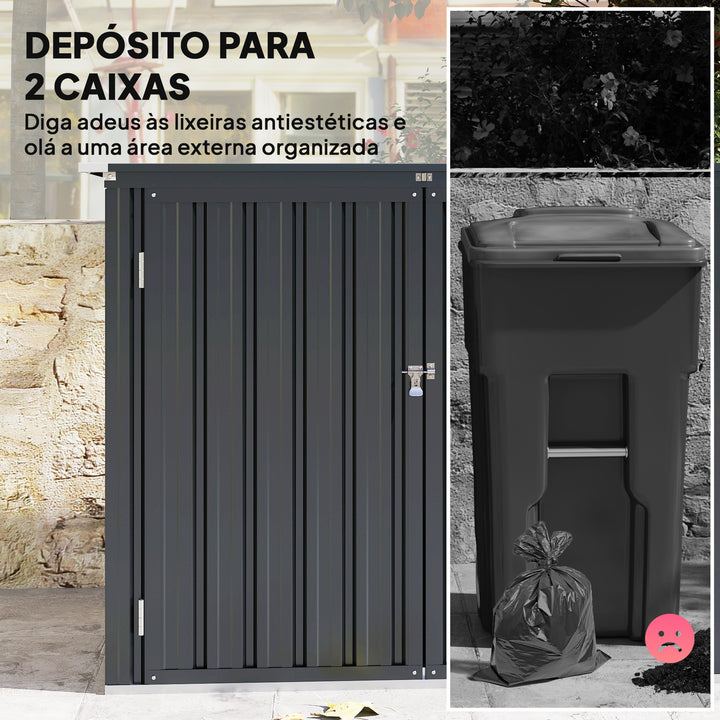 Abrigo para Contentores de Lixo Duplo Casota para Contentores de Lixo de 240L em Aço Galvanizado com Tampa Dobrável e Portas com Fecho para Jardim Exterior 150x80x117 cm Cinzento Escuro
