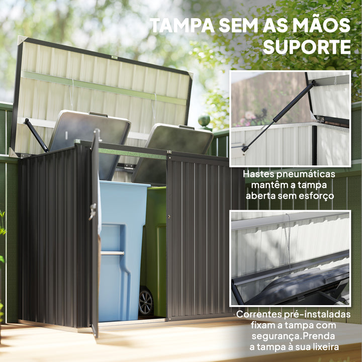 Abrigo para Contentores de Lixo Duplo Casota para Contentores de Lixo de 240L em Aço Galvanizado com Tampa Dobrável e Portas com Fecho para Jardim Exterior 150x80x117 cm Cinzento Escuro