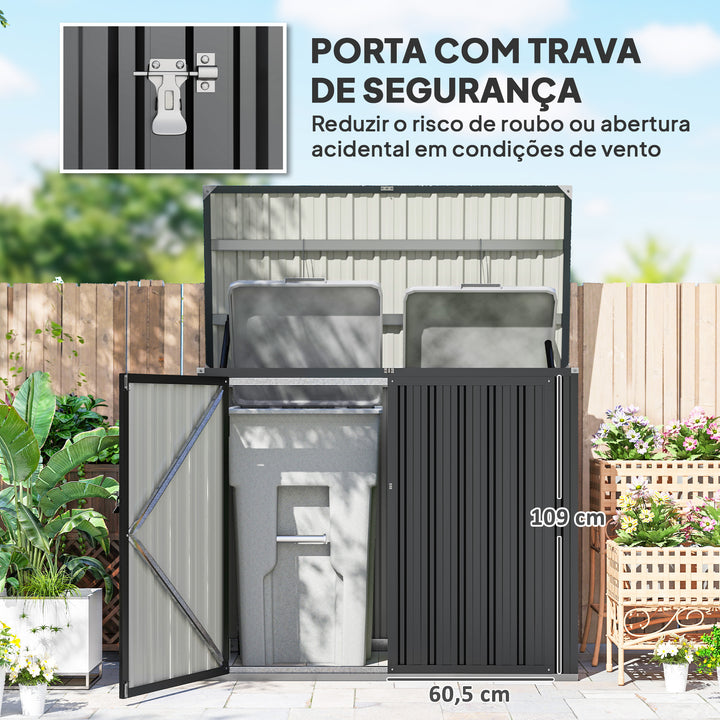 Abrigo para Contentores de Lixo Duplo Casota para Contentores de Lixo de 240L em Aço Galvanizado com Tampa Dobrável e Portas com Fecho para Jardim Exterior 150x80x117 cm Cinzento Escuro