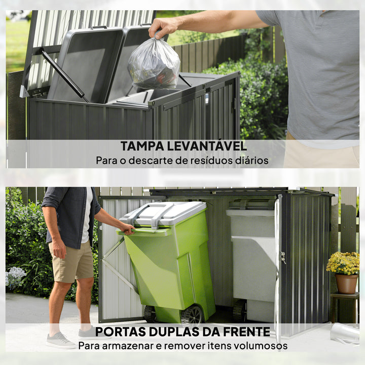 Abrigo para Contentores de Lixo Duplo Casota para Contentores de Lixo de 240L em Aço Galvanizado com Tampa Dobrável e Portas com Fecho para Jardim Exterior 150x80x117 cm Cinzento Escuro