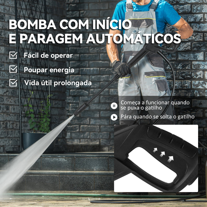 Lavadora de Alta Pressão 2200W Pressão 170 Bar Fluxo 420 L/h com Bomba de Alumínio Paragem Automática Mangueira de 6 m Inclui Garrafa de Espuma e Bico Ajustável 32x32x80 cm Verde e Preto