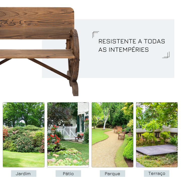 Banco de Jardim de Madeira Banco de Exterior com Apoio para os Braços e 2 Rodas Decorativas Estilo Rústico Carga 250 kg para Pátio Varanda 114x58x80 cm Marrom Carbonizado