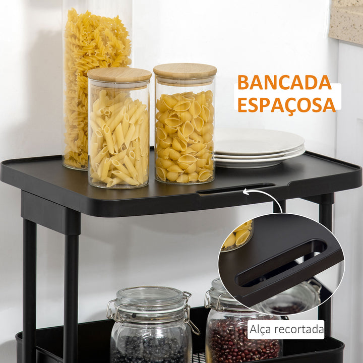 Carrinho de Cozinha com Rodas Carrinho de Armazenamento de 3 Níveis e Rodas com Freio para Sala de Estar Dormitório Escritório 46x34,5x76,5cm Preto