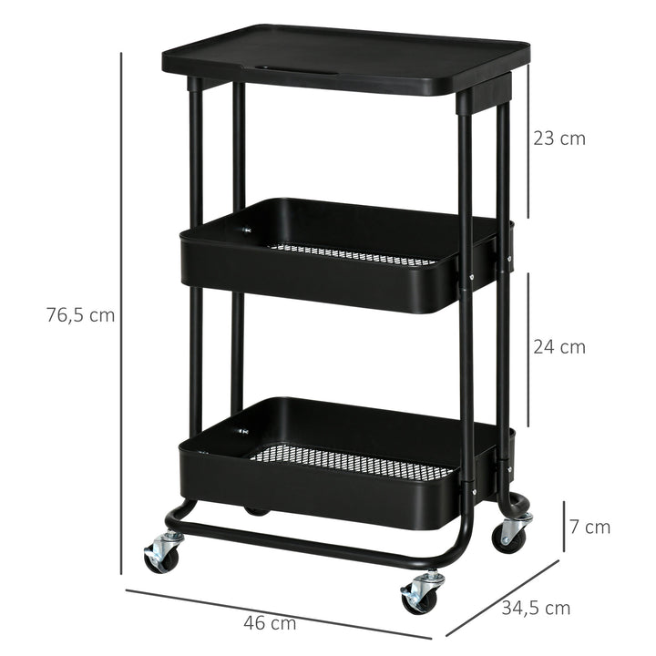 Carrinho de Cozinha com Rodas Carrinho de Armazenamento de 3 Níveis e Rodas com Freio para Sala de Estar Dormitório Escritório 46x34,5x76,5cm Preto