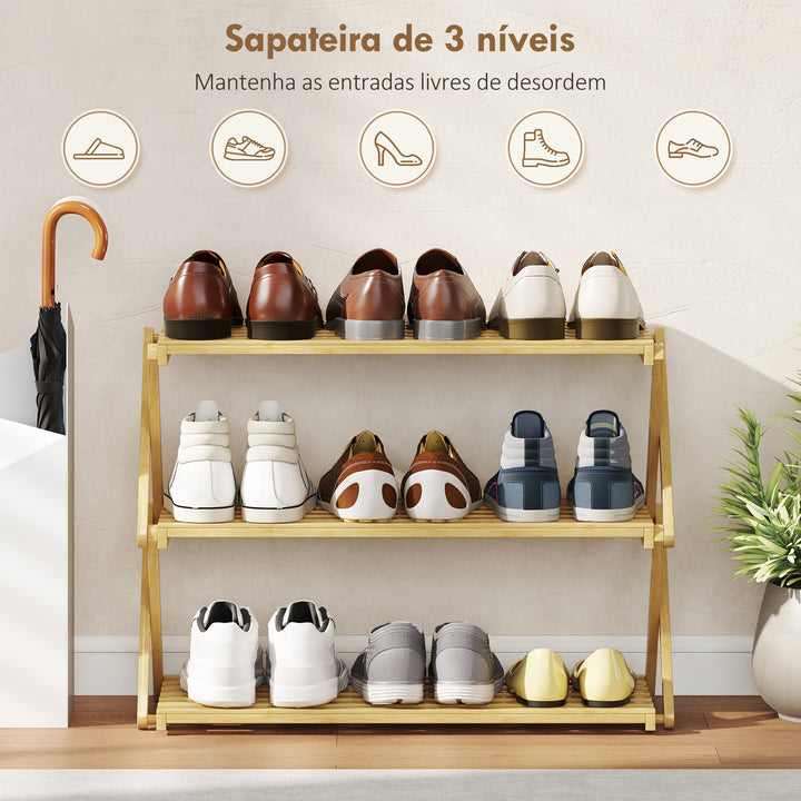 Sapateira Estreita de Bambu Sapateira Vertical Dobrável de 3 Níveis Sem Instalação Prateleira para Sapatos para Entrada Corredor Quarto 60x29x45,5 cm Madeira