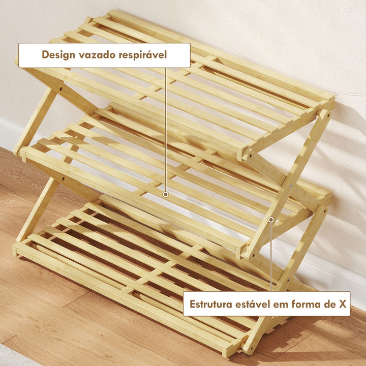 Sapateira Estreita de Bambu Sapateira Vertical Dobrável de 3 Níveis Sem Instalação Prateleira para Sapatos para Entrada Corredor Quarto 60x29x45,5 cm Madeira