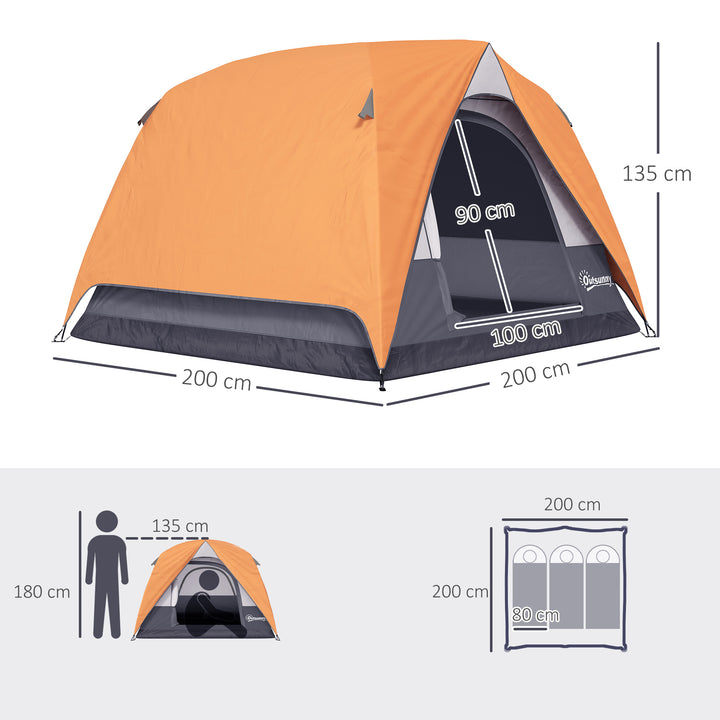 Tenda de Campismo para 2-4 Pessoas Tenda de Campismo Dobrável com Porta Janelas de Malha Bolsa Gancho e Bolsa de Transporte Impermeável Fácil Instalação para Caminhadas 200x200x135 cm Laranja e Cinza