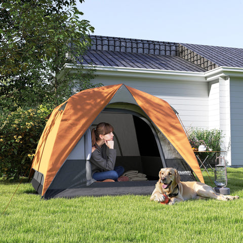 Tenda de Campismo para 2-4 Pessoas Tenda de Campismo Dobrável com Porta Janelas de Malha Bolsa Gancho e Bolsa de Transporte Impermeável Fácil Instalação para Caminhadas 200x200x135 cm Laranja e Cinza