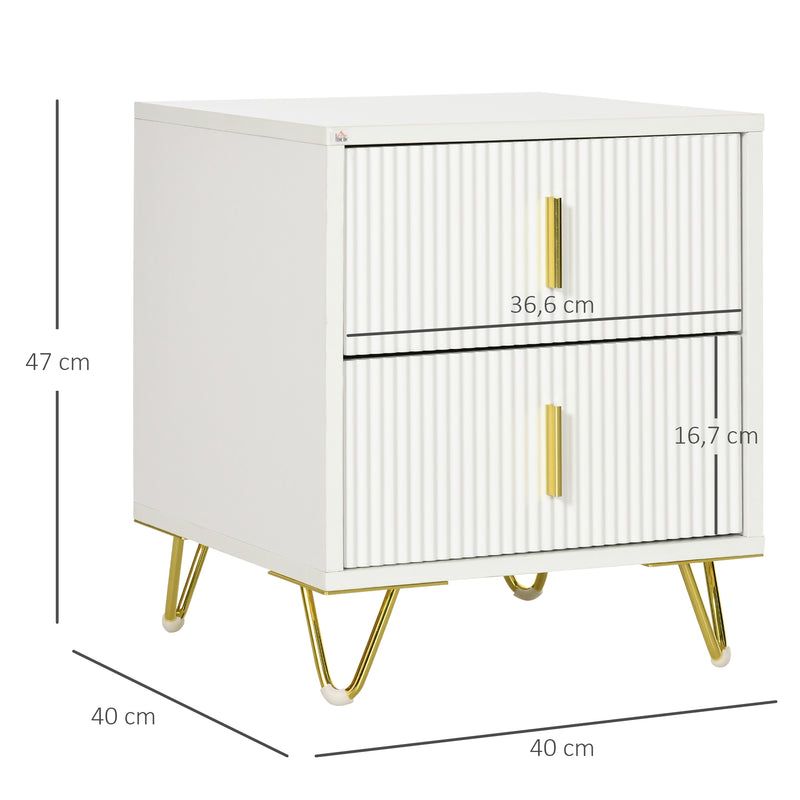 Mesa de Cabeceira com 2 Gavetas Mesa Auxiliar com Pés de Metal para Sala de Estar Dormitório Carga Máxima 40 kg 40x40x47 cm Branco e Dourado