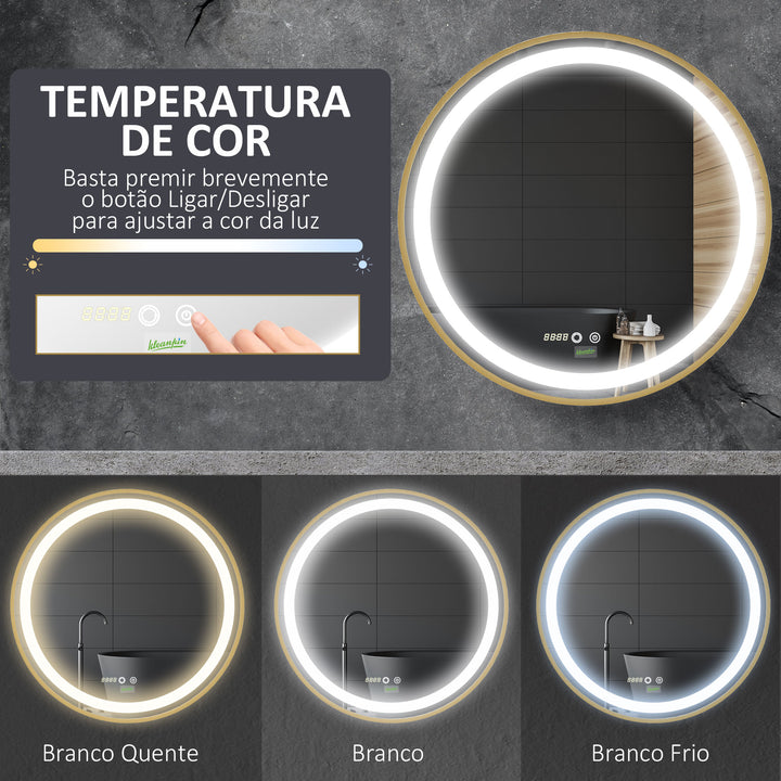 Espelho Casa de Banho com Luz LED Ø60x4cm Espelho Redondo com Interruptor Tátil 3 Luzes Ajustáveis Visualização de Temperatura e Hora Função de Memória Estrutura de Alumínio Dourado