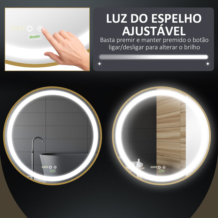 Espelho Casa de Banho com Luz LED Ø60x4cm Espelho Redondo com Interruptor Tátil 3 Luzes Ajustáveis Visualização de Temperatura e Hora Função de Memória Estrutura de Alumínio Dourado