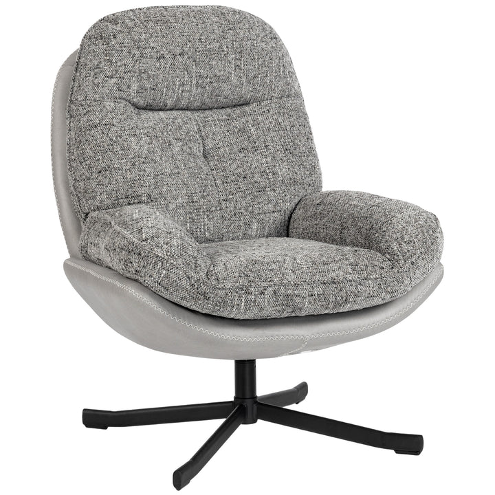 Poltrona Giratória Moderna Poltrona de Sala com Base Cruzada Estofada em Chenille e Couro PU Assento Largo Duplo Pernas de Aço e Apoios de Braço Poltrona Relax para Sala de Estar Quarto 78x95x99 cm Cinza