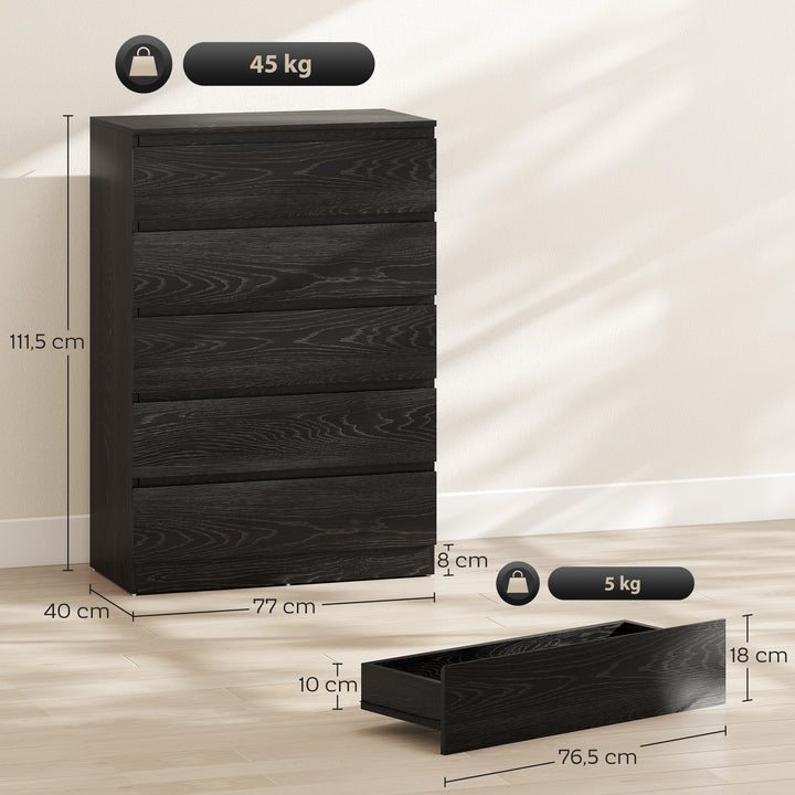 Cómoda 5 Gavetas Cômoda para Quarto Móvel de Arrumação para Sala de Estar Escritório Estilo Moderno 77x40x111,5 cm Preto Veteado