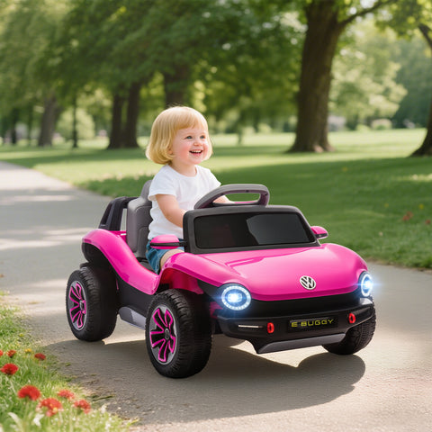 Carro Elétrico para Crianças acima de 3 Anos Volkswagen E-Buggy Bateria 12V com Controlo Remoto 2,4 G Rodas com Suspensão Faróis LED Música USB e Motor Duplo 98x56,5x47 cm Rosa