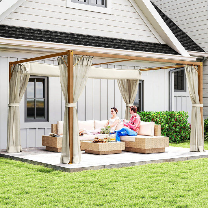 Pérgola de Jardim 4x3 m Pérgola para Exterior com Teto Retrátil Mosquiteiros Laterais de Malha e Estrutura de Alumínio para Terraço Pátio Natural
