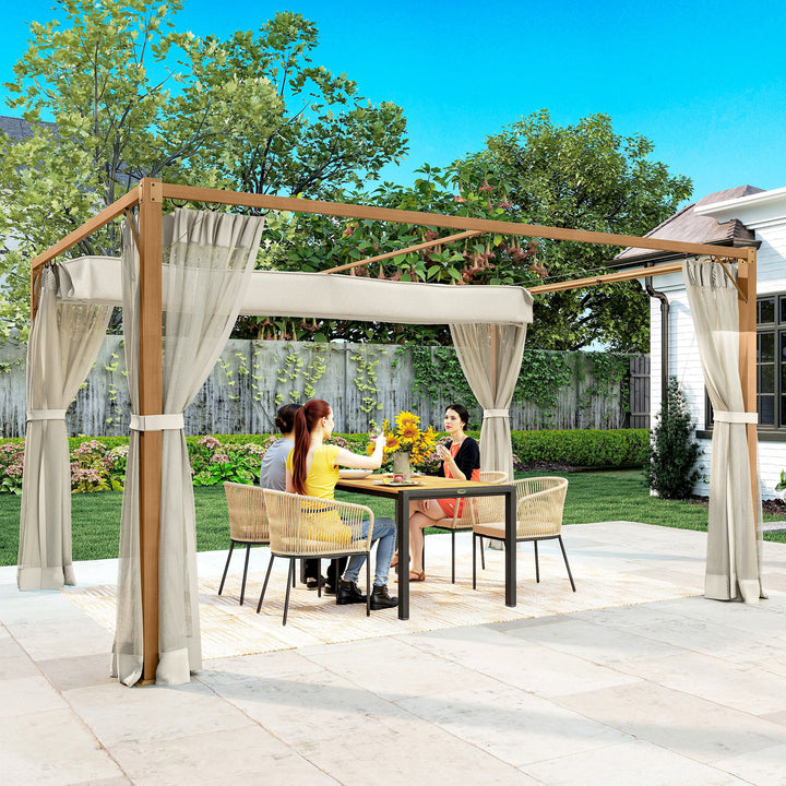 Pérgola de Jardim 4x3 m Pérgola para Exterior com Teto Retrátil Mosquiteiros Laterais de Malha e Estrutura de Alumínio para Terraço Pátio Natural