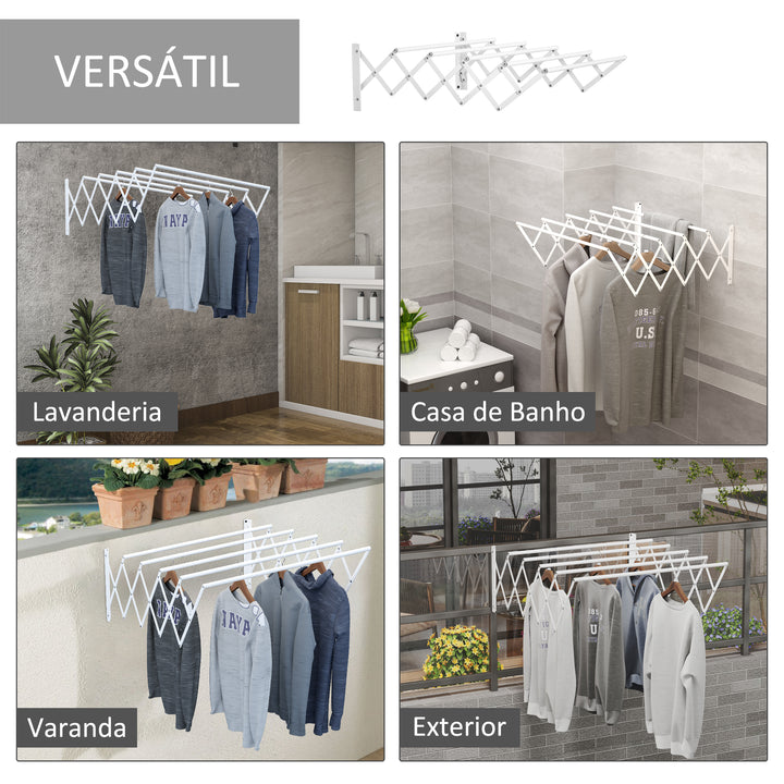 Estendal de Parede Extensível de 63,5cm de Metal com 5 Barras para Interior e Exterior Carga 10kg 63,5x60x20cm Branco