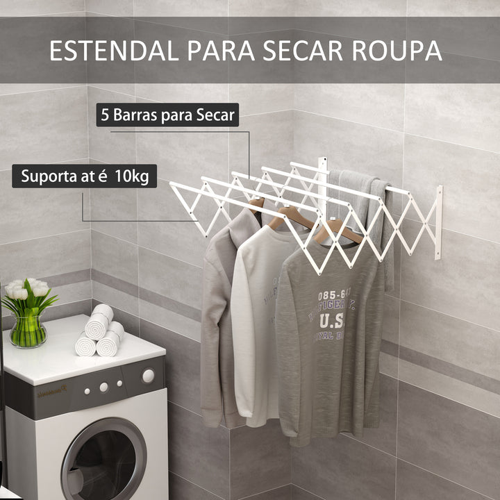 Estendal de Parede Extensível de 63,5cm de Metal com 5 Barras para Interior e Exterior Carga 10kg 63,5x60x20cm Branco