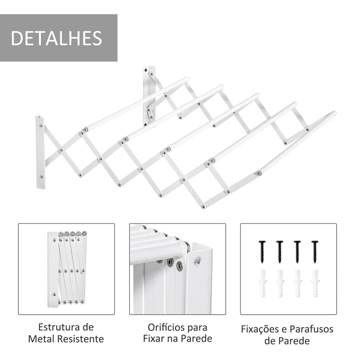 Estendal de Parede Extensível de 63,5cm de Metal com 5 Barras para Interior e Exterior Carga 10kg 63,5x60x20cm Branco