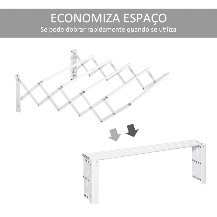Estendal de Parede Extensível de 63,5cm de Metal com 5 Barras para Interior e Exterior Carga 10kg 63,5x60x20cm Branco