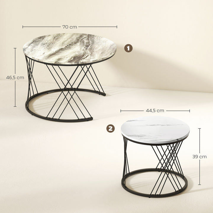 Conjunto de 2 Mesas Auxiliares Mesas de Centro para Sala de Estar Redondas com Bancada com Imitação de Mármore Estrutura de Metal para Sala de Estar Cinzento e Branco