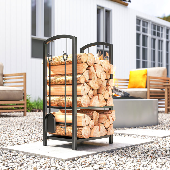 Suporte para Lenha de 2 Níveis Porta Lenha Exterior e Interior Metálico com 4 Ferramentas para Lareira Carga Máx. 100kg 40x30x74,5cm Preto