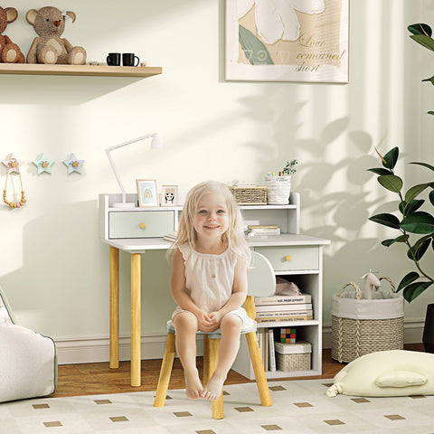 Conjunto de Secretária e Cadeira para Crianças acima de 3 Anos Mesa de Estudo com Prateleiras para Livros e Gaveta de Arrumação Carga 80 kg 85x48x73 cm Verde e Branco