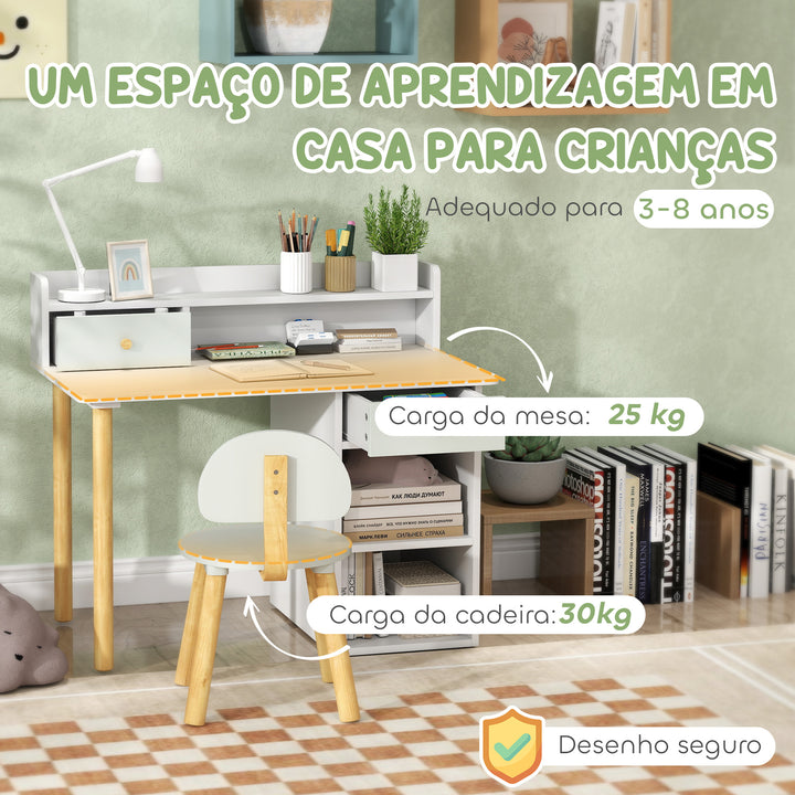 Conjunto de Secretária e Cadeira para Crianças acima de 3 Anos Mesa de Estudo com Prateleiras para Livros e Gaveta de Arrumação Carga 80 kg 85x48x73 cm Verde e Branco