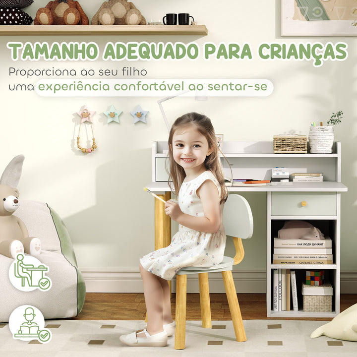 Conjunto de Secretária e Cadeira para Crianças acima de 3 Anos Mesa de Estudo com Prateleiras para Livros e Gaveta de Arrumação Carga 80 kg 85x48x73 cm Verde e Branco
