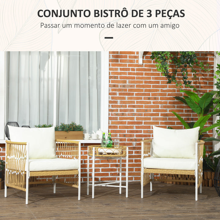 Conjunto de Jardim Exterior de 3 Peças Móveis de Jardim com 2 Cadeiras Mesa de Vime Almofadas Acolchoadas Capas Removíveis e Estrutura de Aço Resistente às Intempéries para Varanda Creme