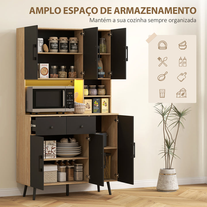 Armário de Cozinha Alto com Luzes LED RGB Móvel Auxiliar de Cozinha com 6 Portas 2 Gavetas Bancada e Orifício para Cabos Estilo Moderno 100x40x176 cm Preto e Madeira
