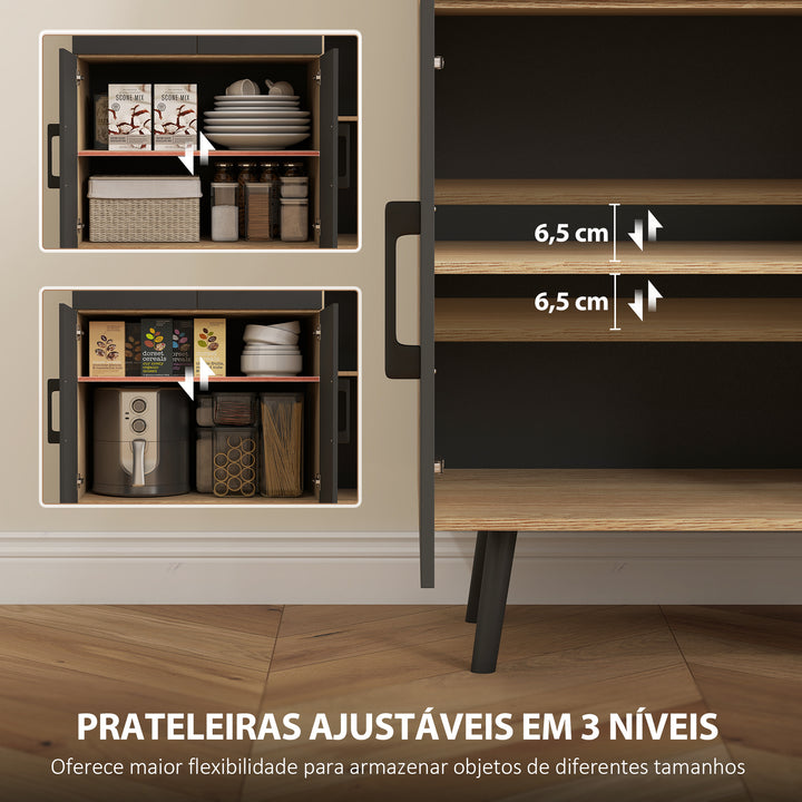 Armário de Cozinha Alto com Luzes LED RGB Móvel Auxiliar de Cozinha com 6 Portas 2 Gavetas Bancada e Orifício para Cabos Estilo Moderno 100x40x176 cm Preto e Madeira