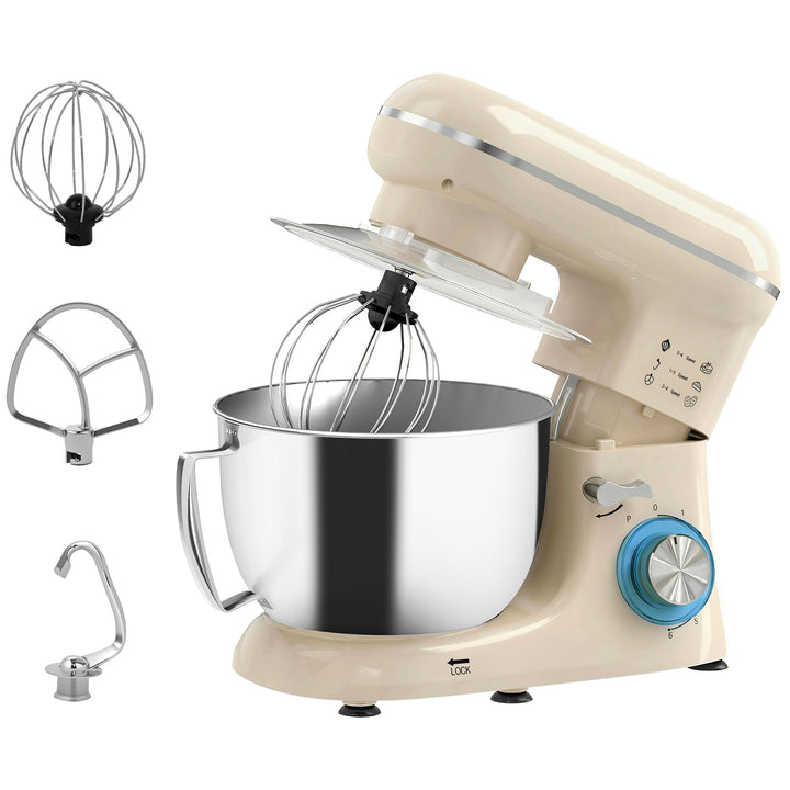 Batedeira Planetária 4,5L, Batedeira de Pão 1300W, 6 Velocidades, Taça de Aço Inoxidável, Batedor, Gancho, Varas, Protetor Antissalpicos, Bege