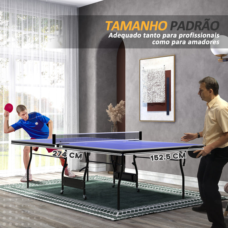 Mesa de Ping Pong Dobrável Mesa de Ping Pong Profissional de Tamanho Padrão com Rodas Inclui 2 Raquetes e 3 Bolas para Interior e Exterior 274x152,5x76 cm Azul