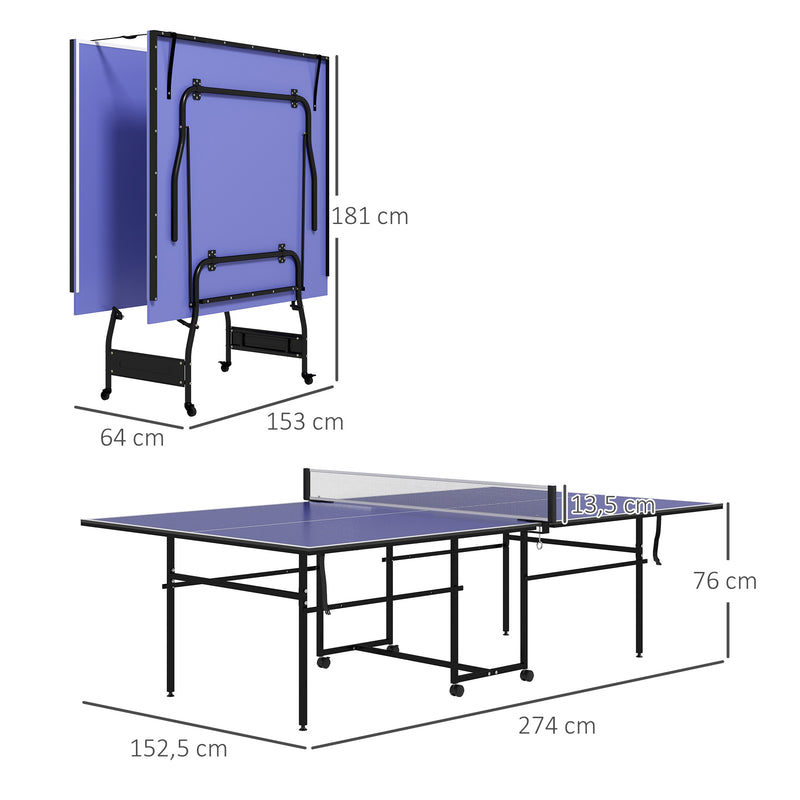 Mesa de Ping Pong Dobrável Mesa de Ping Pong Profissional de Tamanho Padrão com Rodas Inclui 2 Raquetes e 3 Bolas para Interior e Exterior 274x152,5x76 cm Azul