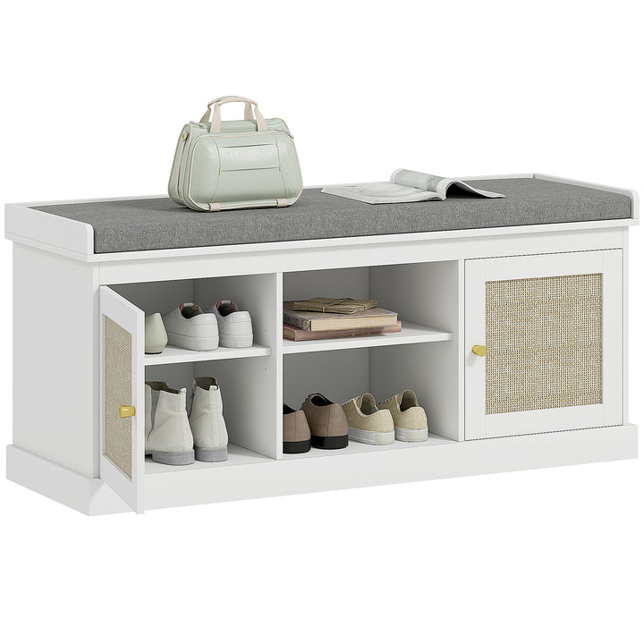 Banco Sapateira Móvel Sapateira Boémio com Assento Acolchoado Portas com Frente em Vime Prateleira Aberta Prateleira Ajustável para 9 Pares de Sapatos para Entrada 105x35x47 cm Branco