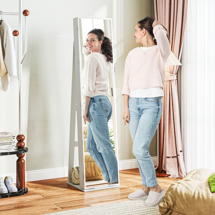 Joalheiro de Pé Armário para Joias com 6 Luzes LED Fechadura Organizador de Joias com Prateleiras Suportes para Anéis 38x38x157cm Branco e Bege