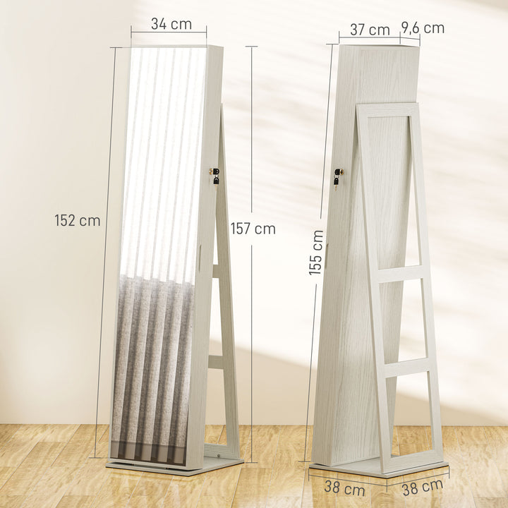 Joalheiro de Pé Armário para Joias com 6 Luzes LED Fechadura Organizador de Joias com Prateleiras Suportes para Anéis 38x38x157cm Branco e Bege