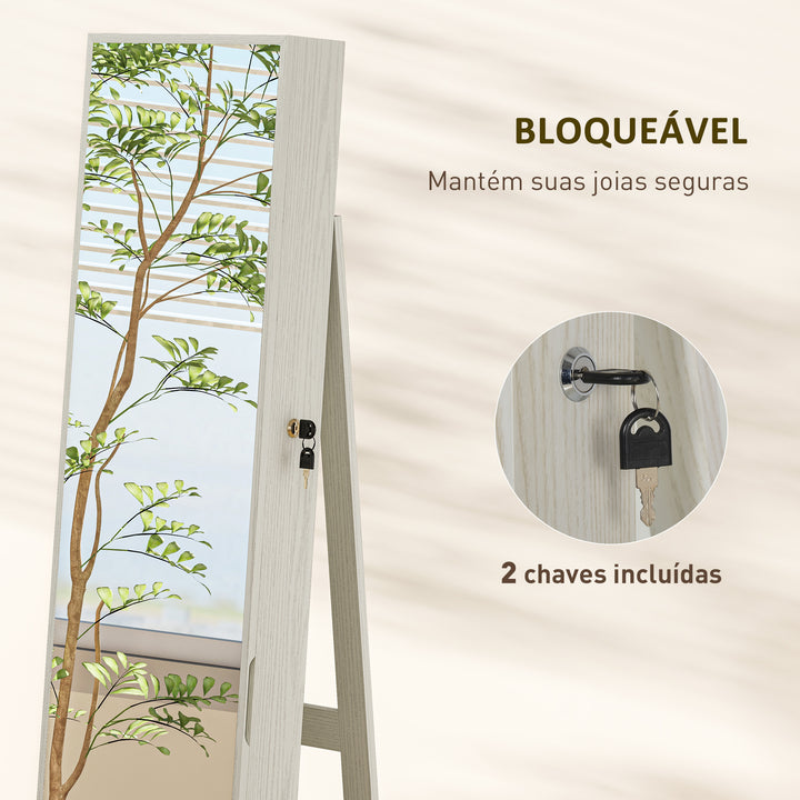 Joalheiro de Pé Armário para Joias com 6 Luzes LED Fechadura Organizador de Joias com Prateleiras Suportes para Anéis 38x38x157cm Branco e Bege