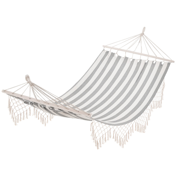 Cama Rede de Jardim 200x100 cm Rede Suspensa com Travessas de Madeira Carga 120 kg para Pátio Terraço Varanda Campismo Creme e Cinza