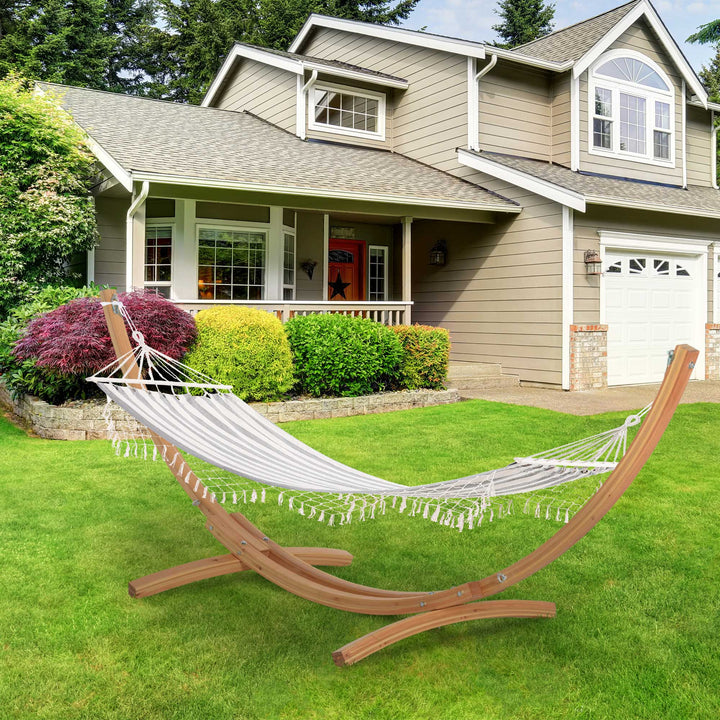 Cama Rede de Jardim 200x100 cm Rede Suspensa com Travessas de Madeira Carga 120 kg para Pátio Terraço Varanda Campismo Creme e Cinza